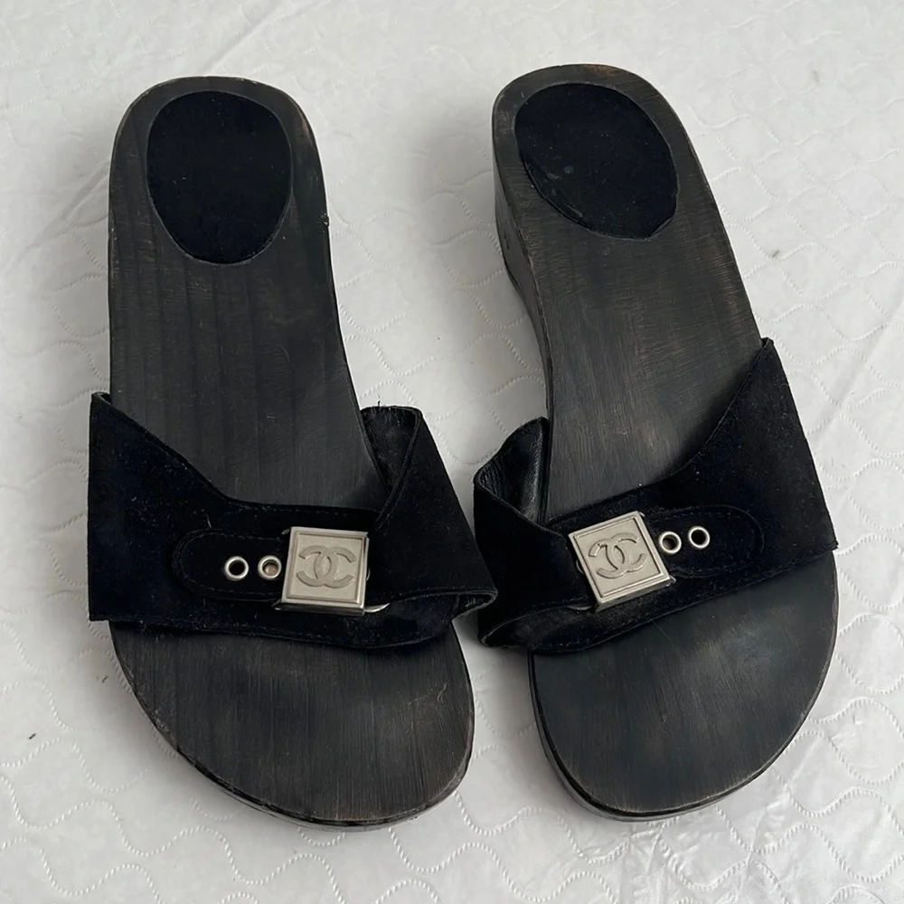Chanel 2000s black wood slide logo sandals
